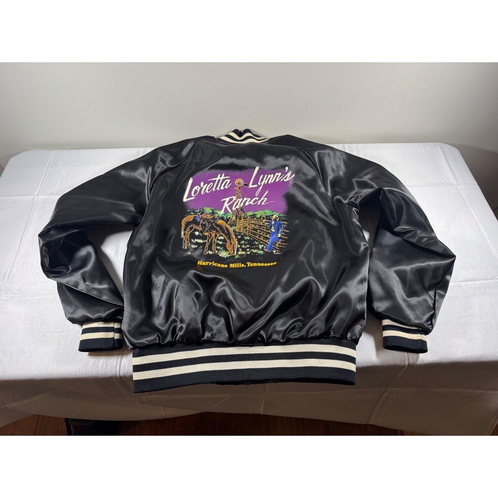 80s Vintage Loretta Lynn's Ranch Satin Bomber Jacket Black Taylor Made USA Small